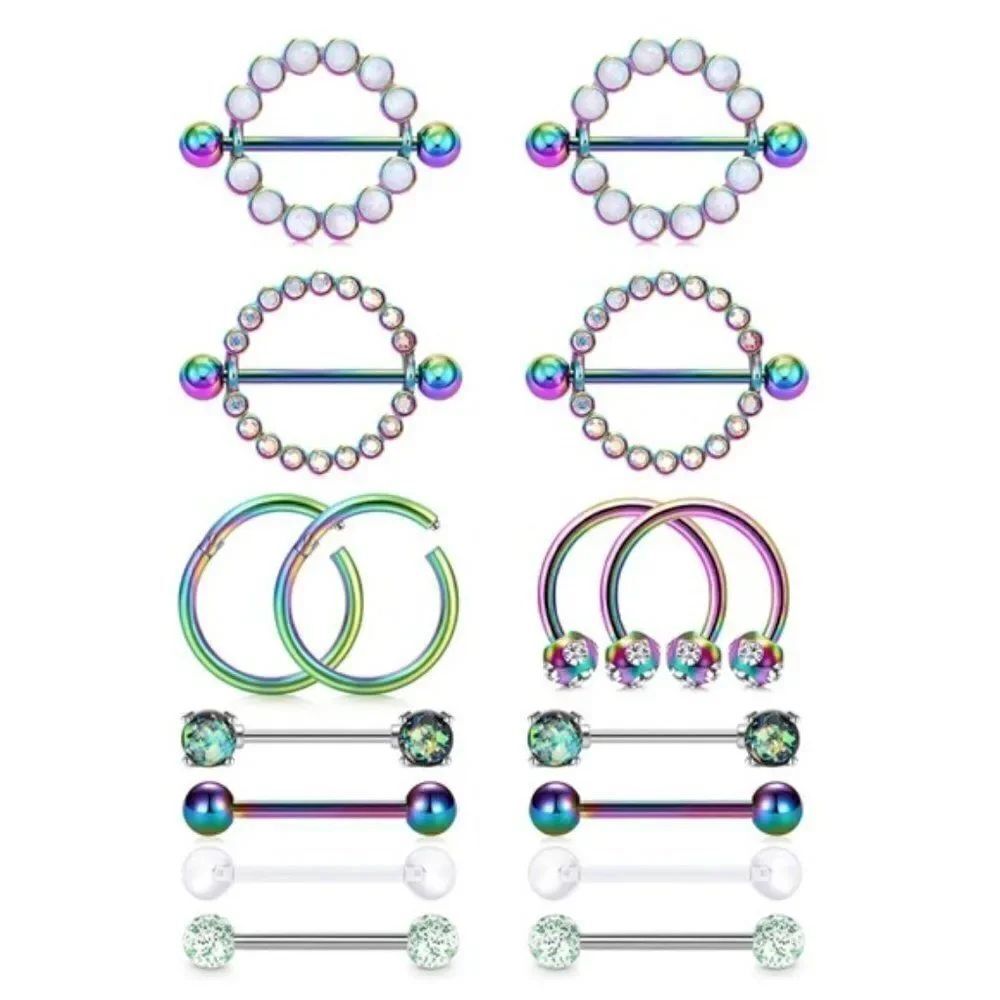 14G Rainbow 316L Silver and Rainbow Cubic Zirconia Nipple Rings - Set of 8